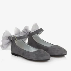 Monnalisa Girls Grey Suede Leather Bow Shoes New