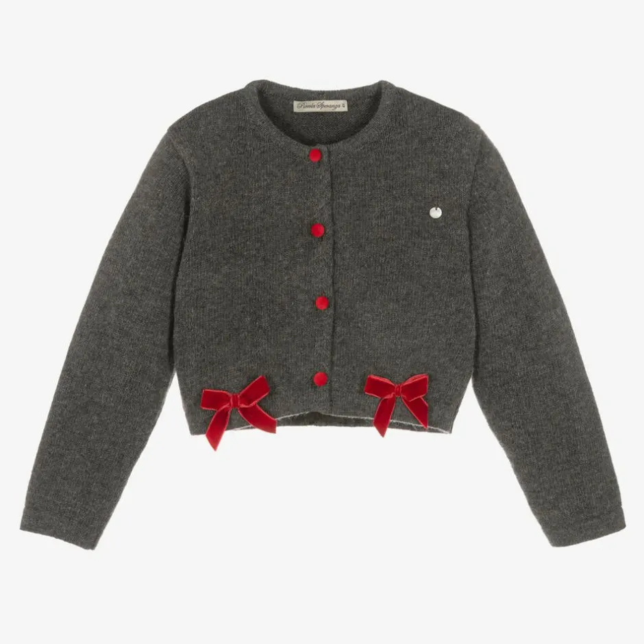 Piccola Speranza Girls Grey Wool & Red Velvet Bow Cardigan Hot
