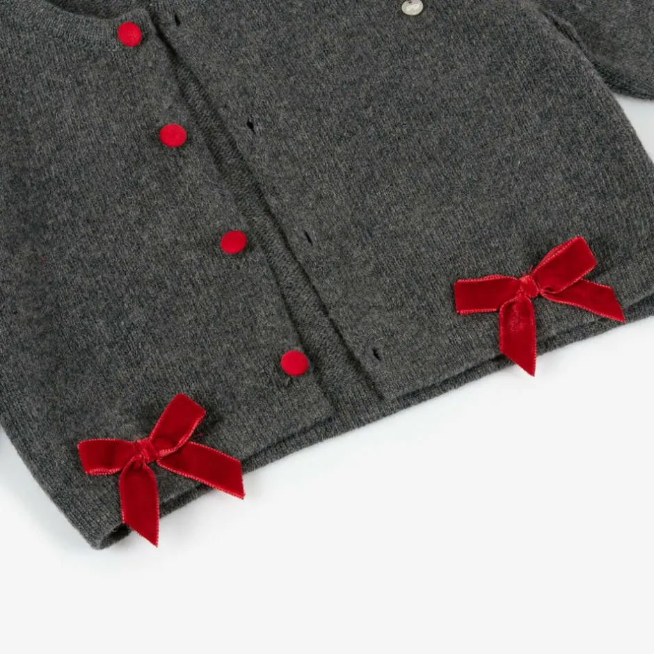 Piccola Speranza Girls Grey Wool & Red Velvet Bow Cardigan Hot