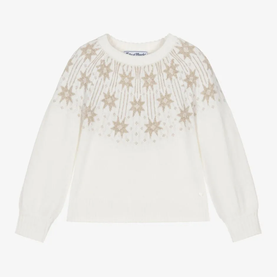 Tartine et Chocolat Girls Ivory & Gold Star Wool Sweater Clearance