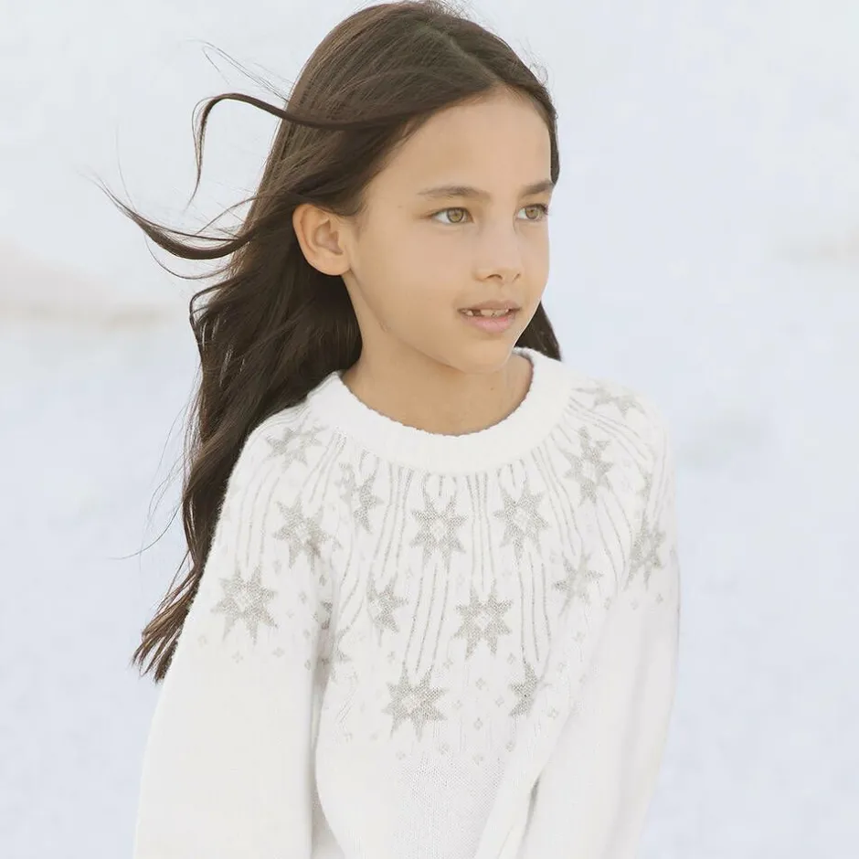 Tartine et Chocolat Girls Ivory & Gold Star Wool Sweater Clearance