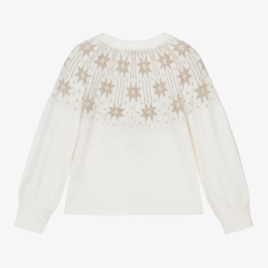 Tartine et Chocolat Girls Ivory & Gold Star Wool Sweater Clearance