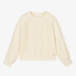 Chloé Girls Ivory Cotton Cable Knit Sweater Clearance