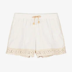Zimmermann Girls Ivory Cotton Crochet Trim Shorts Online