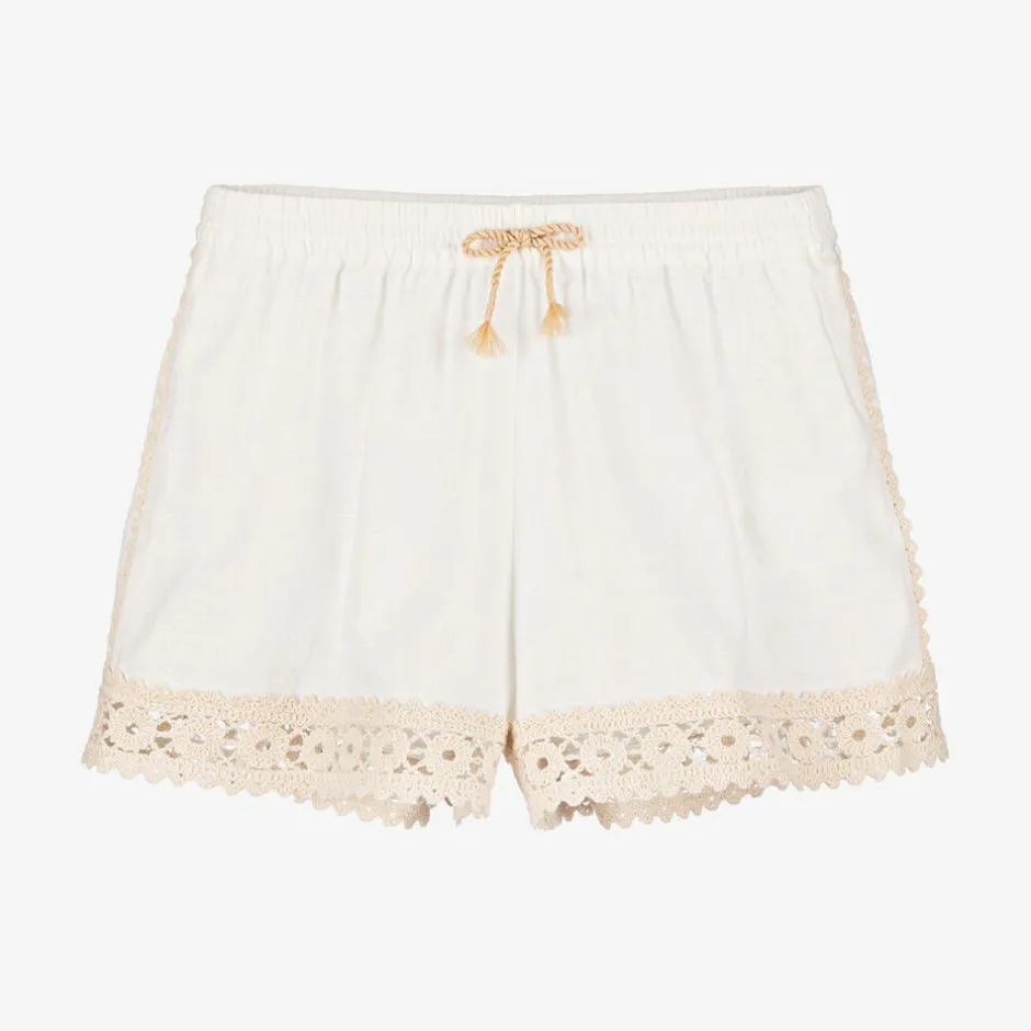 Zimmermann Girls Ivory Cotton Crochet Trim Shorts Online