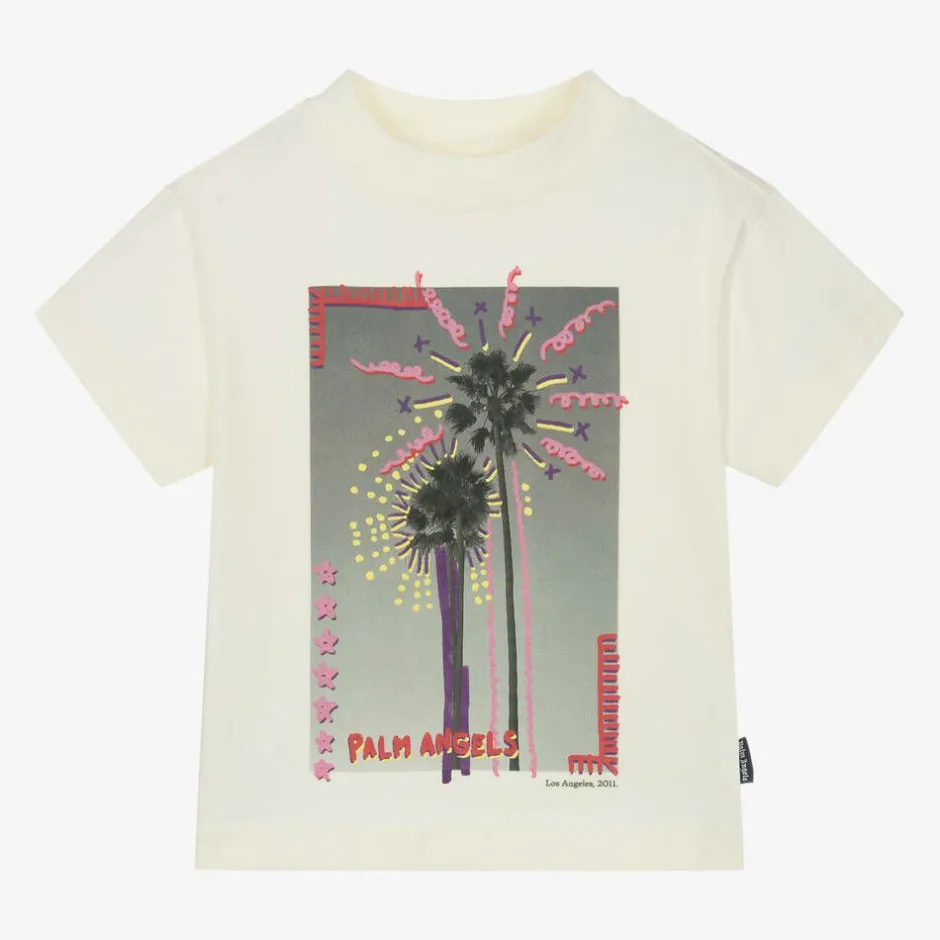 Palm Angels Girls Ivory Cotton Graphic T-Shirt Online