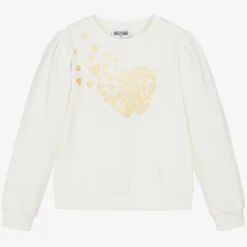 Moschino Kid-Teen Girls Ivory Cotton Heart Print Sweatshirt New