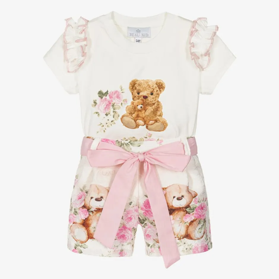 Beau KiD Girls Ivory Cotton Teddy Bear Shorts Set