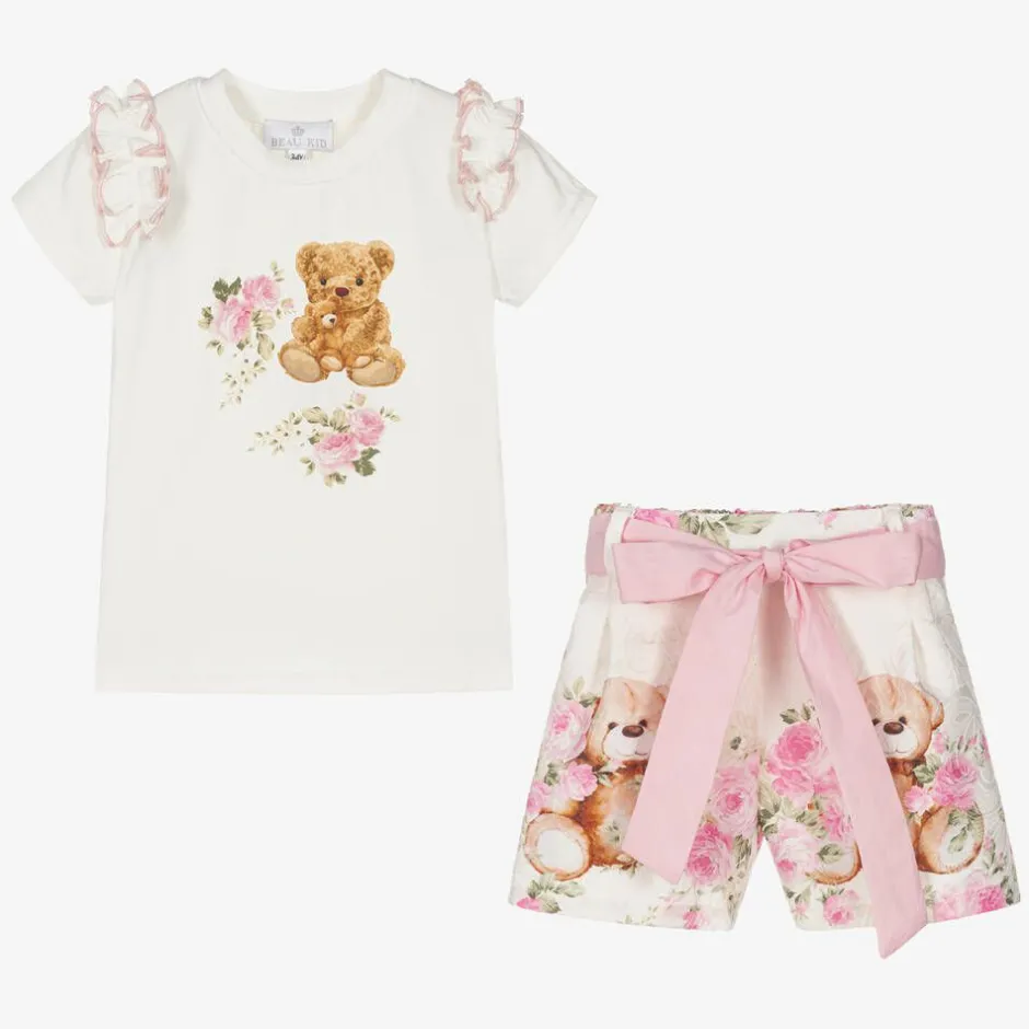 Beau KiD Girls Ivory Cotton Teddy Bear Shorts Set
