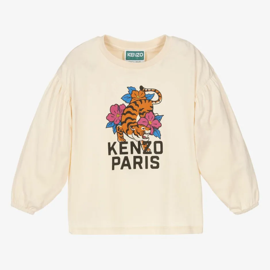 KENZO KIDS Girls Ivory Cotton Tiger Print Top Clearance