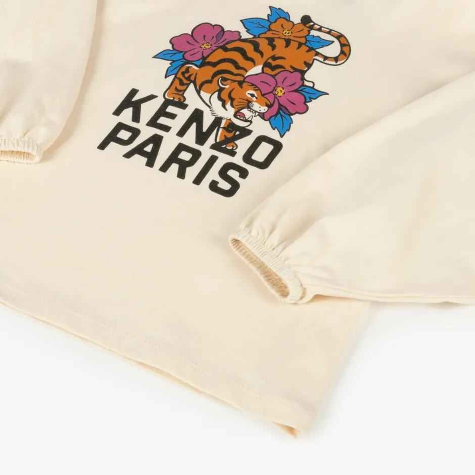 KENZO KIDS Girls Ivory Cotton Tiger Print Top Clearance