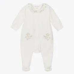 Tartine et Chocolat Girls Ivory Embroidered Velour Babygrow Clearance