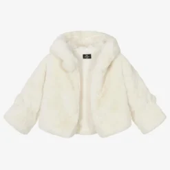 Bowtique London Girls Ivory Faux Fur Hooded Jacket Clearance