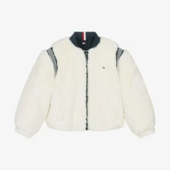Tommy Hilfiger Girls Ivory Faux Fur Varsity Jacket New