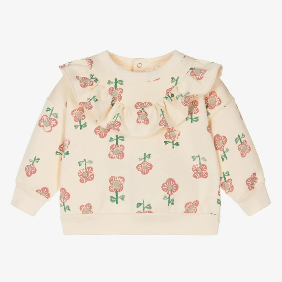 Petit Bateau Girls Ivory Floral Print Cotton Sweatshirt Hot