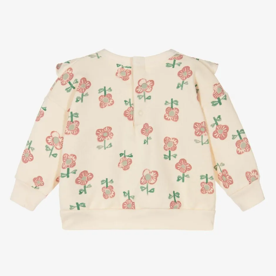 Petit Bateau Girls Ivory Floral Print Cotton Sweatshirt Hot