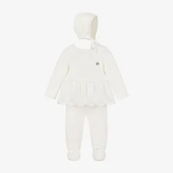 ArtesanÃa Granlei Girls Ivory Knitted Babysuit & Hat Set New