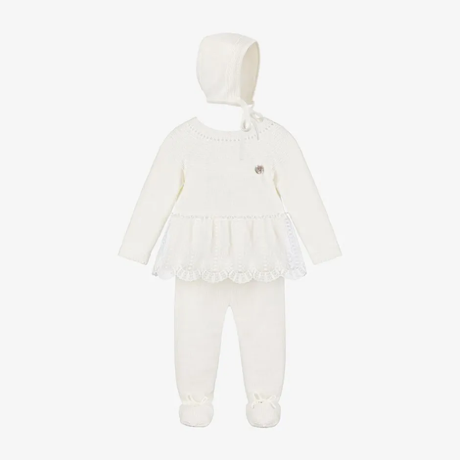 Artesanía Granlei Girls Ivory Knitted Babysuit & Hat Set New