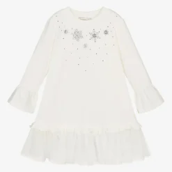 Monnalisa Girls Ivory Snowflake Cotton Dress