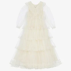 Petite Amalie Girls Long Ivory Embroidered Tulle Dress Outlet