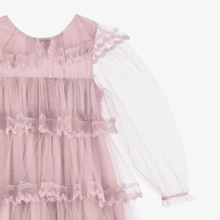Petite Amalie Girls Long Pink Embroidered Tulle Dress New