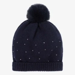 iDO Baby Girls Navy Blue Diamanté Cotton Knit Hat Outlet