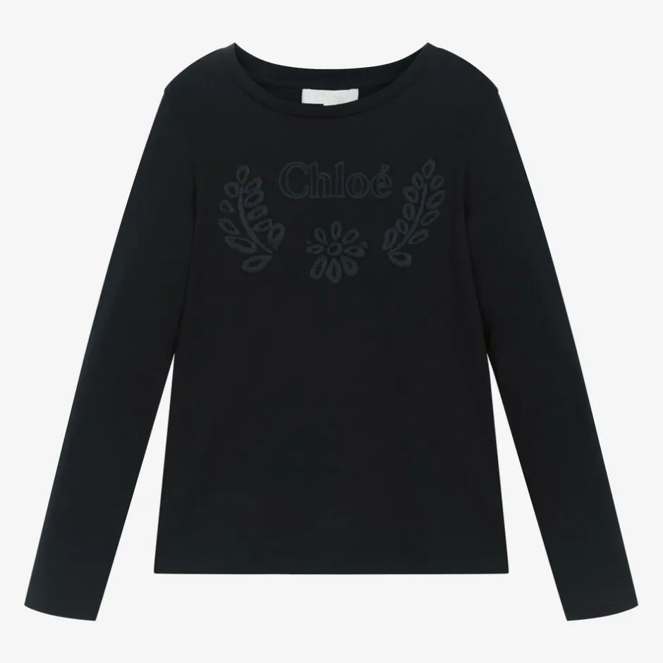 Chloé Girls Navy Blue Embroidered Cotton Top Sale