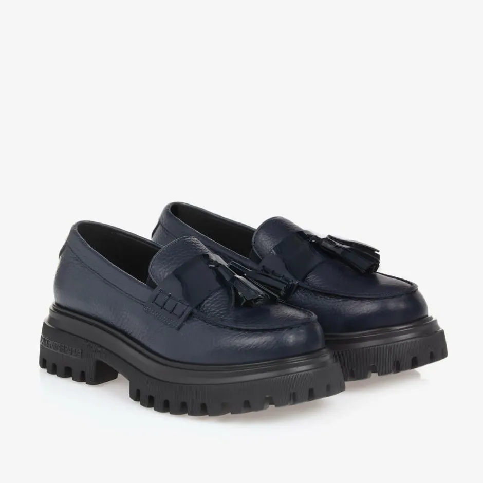 Dolce amp; Gabbana Girls Navy Blue Leather Loafers Outlet