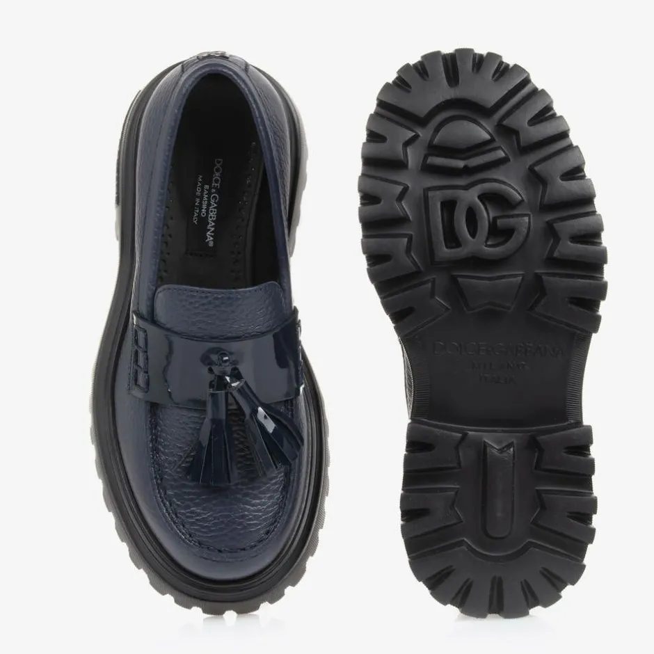 Dolce amp; Gabbana Girls Navy Blue Leather Loafers Outlet