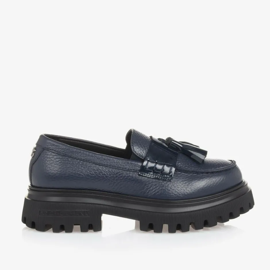 Dolce amp; Gabbana Girls Navy Blue Leather Loafers Outlet