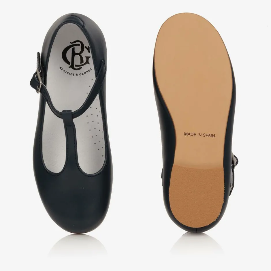 Beatrice amp; George Girls Navy Blue Leather T-Bar Shoes Hot