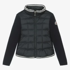 Moncler Enfant Girls Navy Blue Padded Down & Wool Jacket Discount