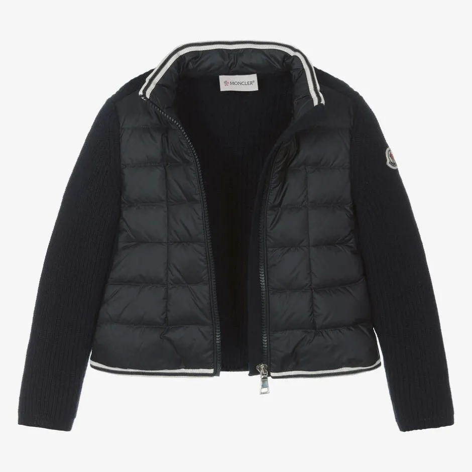 Moncler Enfant Girls Navy Blue Padded Down & Wool Jacket Discount