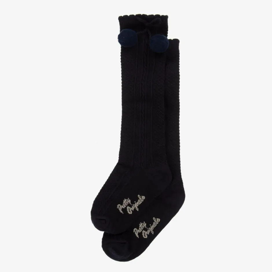 Pretty Originals Girls Navy Blue Pom-Pom Cotton Socks New