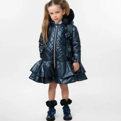Caramelo Kids Girls Navy Blue Quilted Hooded Coat Clearance