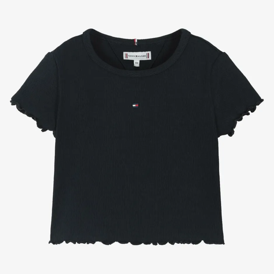 Tommy Hilfiger Girls Navy Blue Ribbed Cotton T-Shirt Clearance