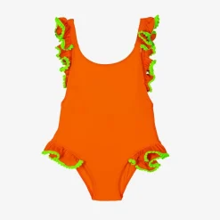 Selini Action Girls Orange Ruffle & Green Pom-Pom Swimsuit Hot