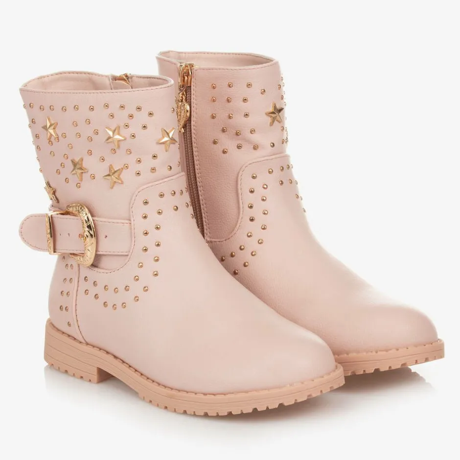 Angels Face Girls & Gold Studded Faux Leather Boots Pink Outlet