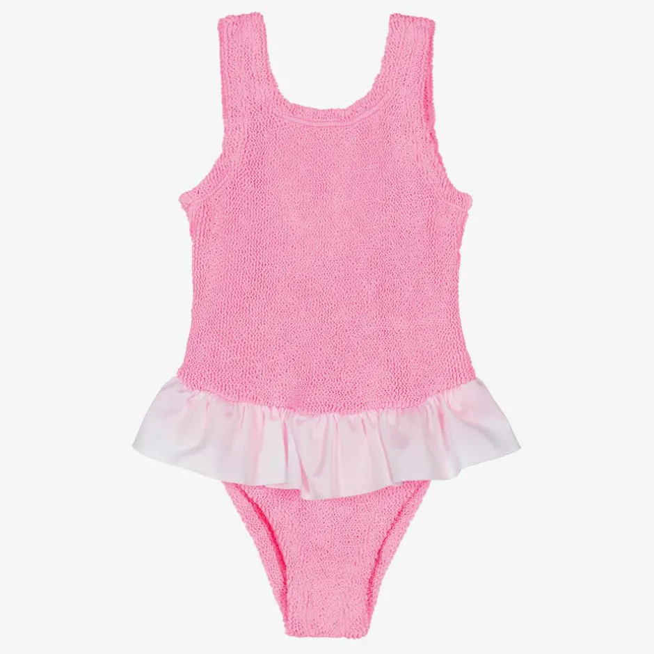 Hunza G Girls Pink & White Crinkle Frill Swimsuit Bubblegum Online