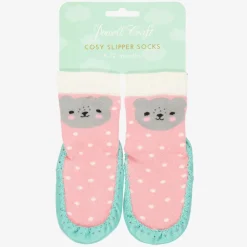 Powell Craft Girls Pink Bear Slipper Socks New