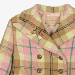 Gucci Girls Pink Check Wool Coat New