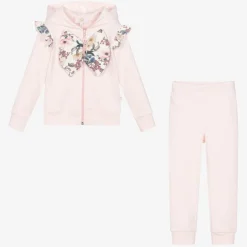 Caramelo Kids Girls Pink Cotton Floral Bow Tracksuit Hot