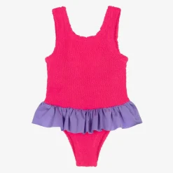 Hunza G Girls Pink Crinkle Frill Swimsuit New