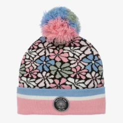 Deux par Deux Girls Pink Floral Knitted Pom-Pom Hat Outlet