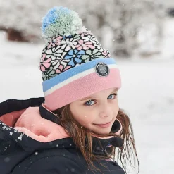 Deux par Deux Girls Pink Floral Knitted Pom-Pom Hat Outlet