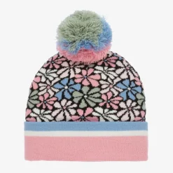 Deux par Deux Girls Pink Floral Knitted Pom-Pom Hat Outlet