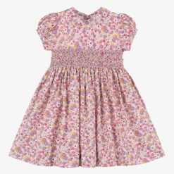 Rachel Riley Girls Pink Floral Smocked Cotton Dress Outlet