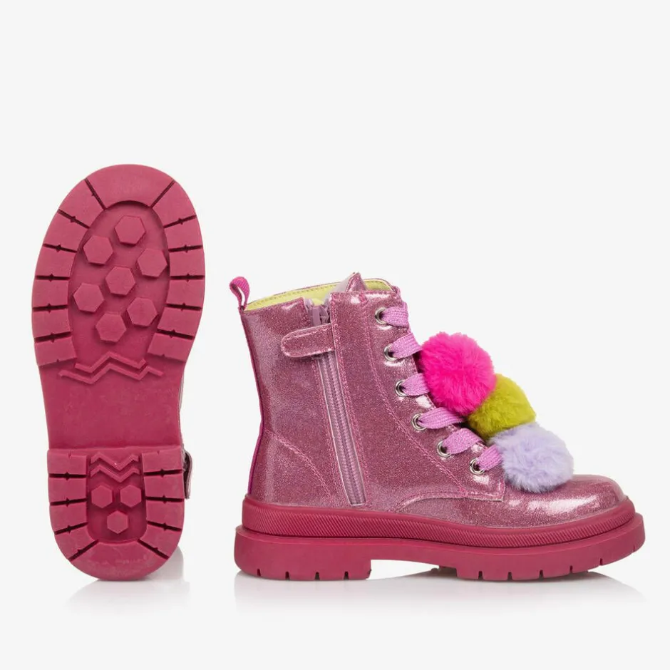Agatha Ruiz de la Prada Girls Pink Glitter Pom-Pom Boots Hot
