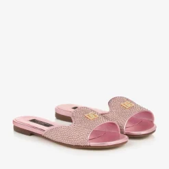 Dolce amp; Gabbana Girls Pink Leather Rhinestones Sliders Online