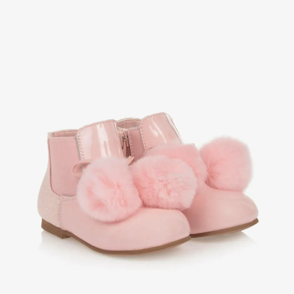 Beau KiD Girls Pink Patent Leather Pom-Pom Boots